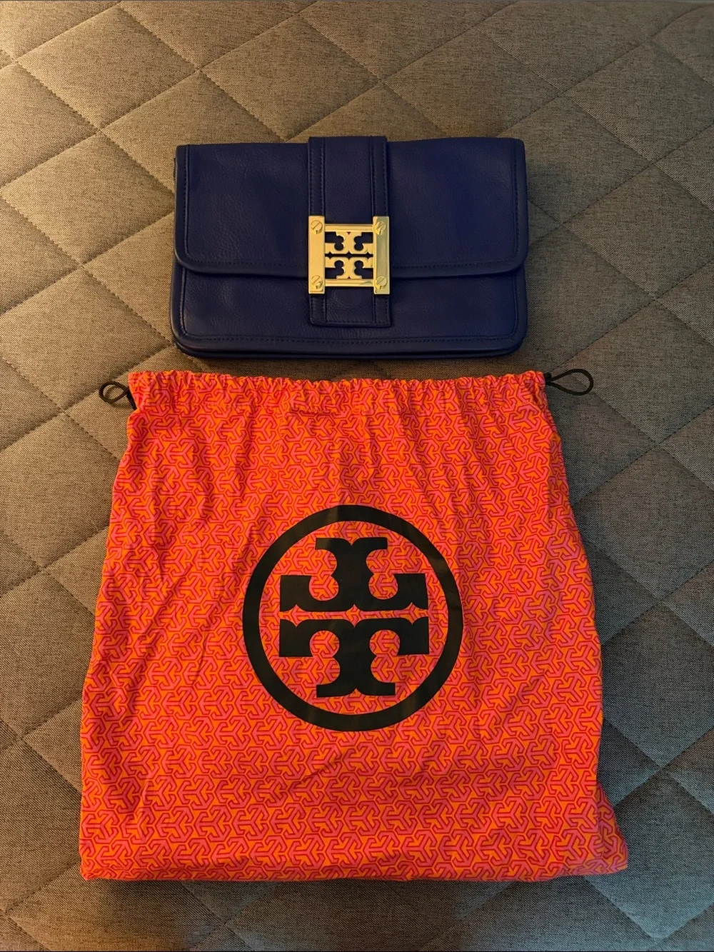 Tory Burch Royal Blue Leather Clutch with Gold Logo Hardware